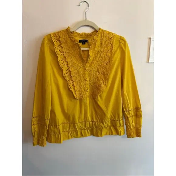 J.Crew Ruffle-Neck Eyelet Top Rich Gold K2215 Size 0 XS Yellow Long Sleeve - Picture 3 of 7